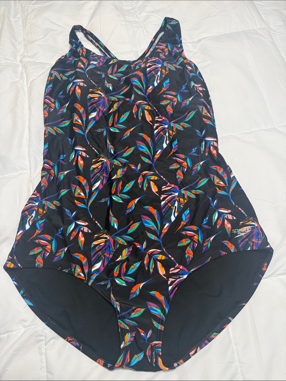 Speedo Black One-Piece Swimsuit with Multicolor Leaf Print
